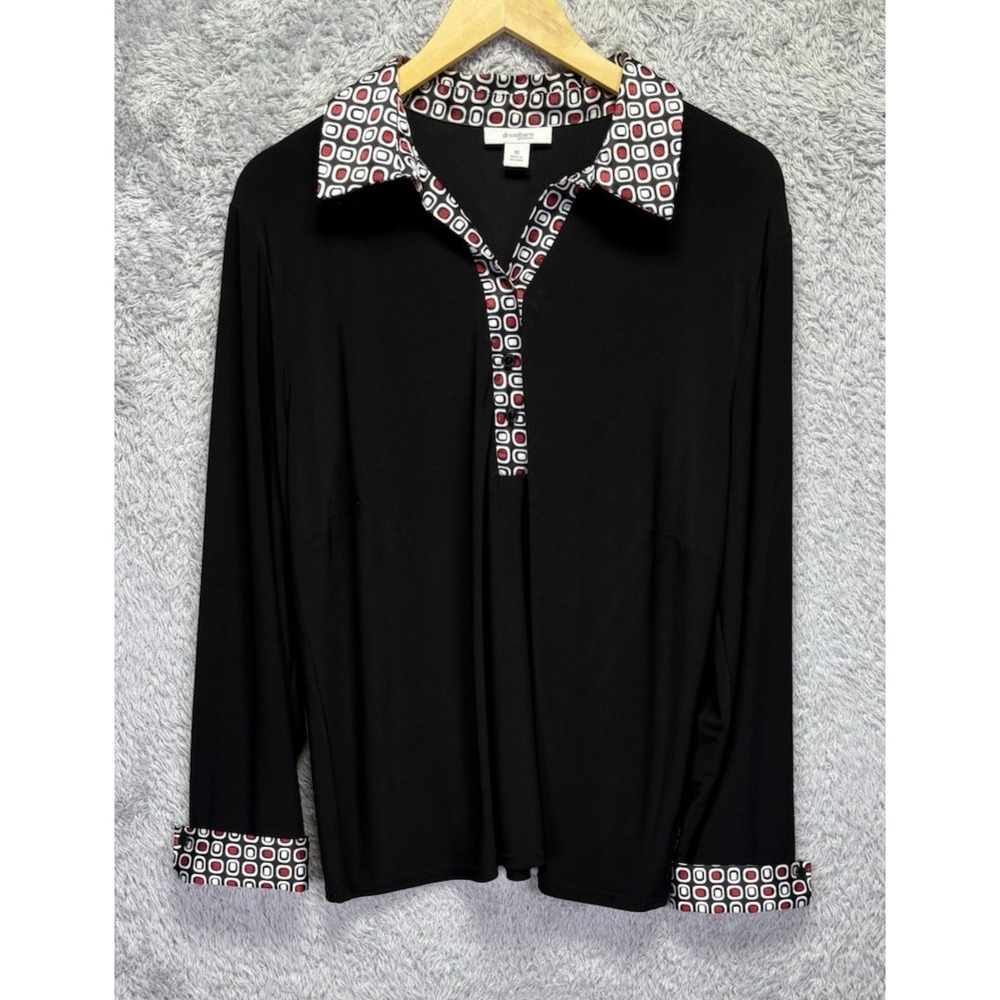 Dressbarn Women 1X Tunic Top Black Geometric V Neck Long Sleeve Plus Size Office